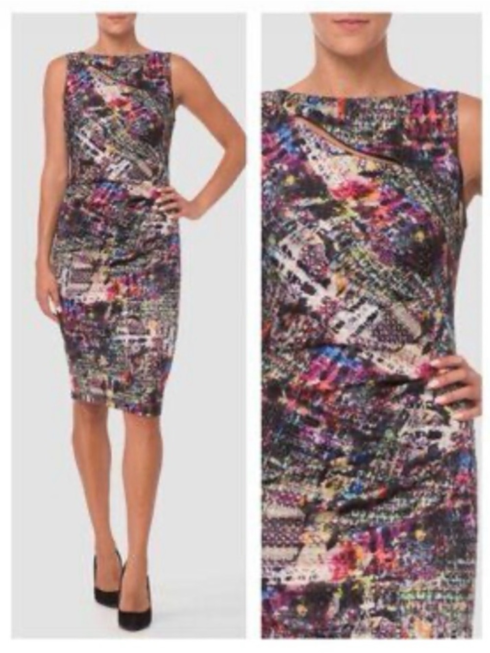 Joseph Ribkoff Black Multicolor Abstract Print Cocktail Midi Dress size 6